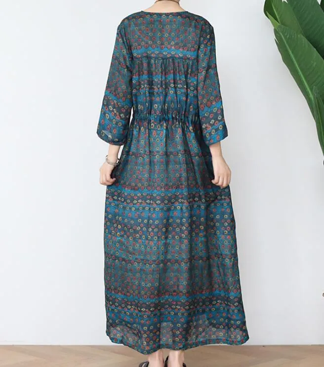 V Neck Flower Ramie Loose Women Summer Fashion Long Dresses Waist String AMT962328