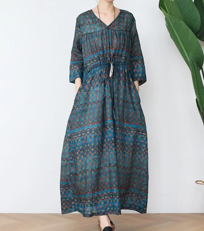 V Neck Flower Ramie Loose Women Summer Fashion Long Dresses Waist String AMT962328