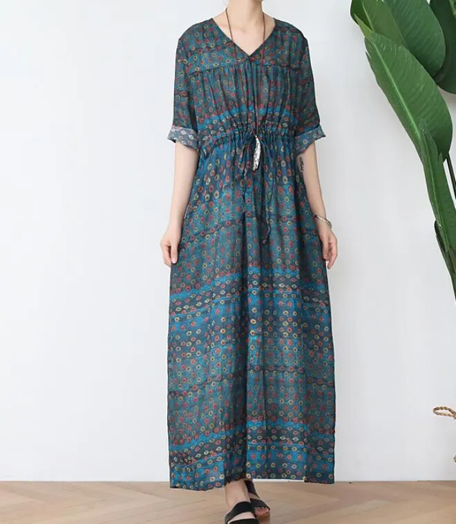 V Neck Flower Ramie Loose Women Summer Fashion Long Dresses Waist String AMT962328