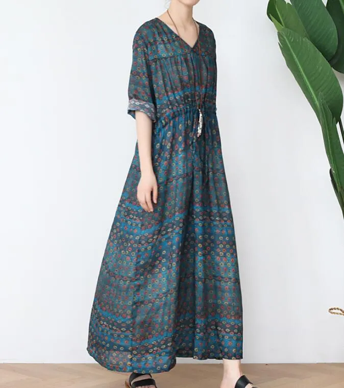 V Neck Flower Ramie Loose Women Summer Fashion Long Dresses Waist String AMT962328