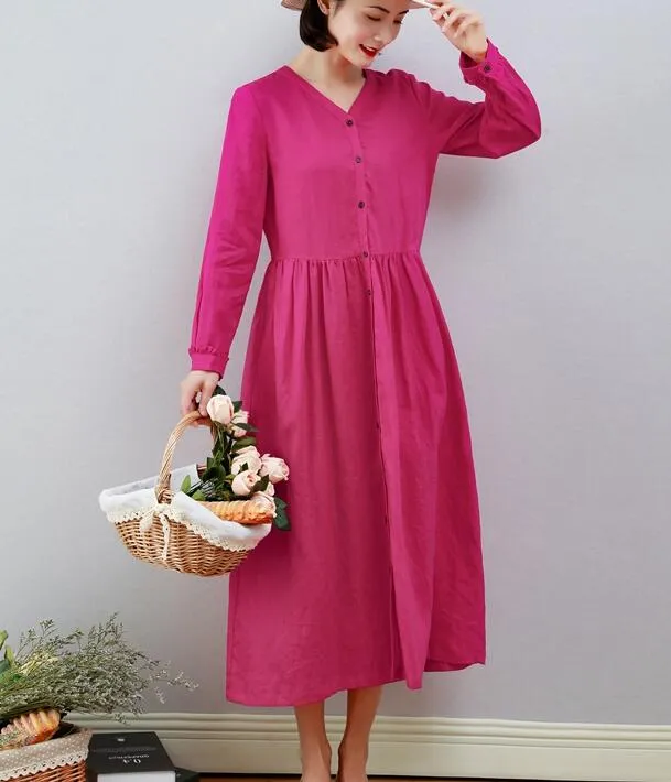 V Neck Women Dresses Ramie Casual Spring Linen Women Dresses MN97215