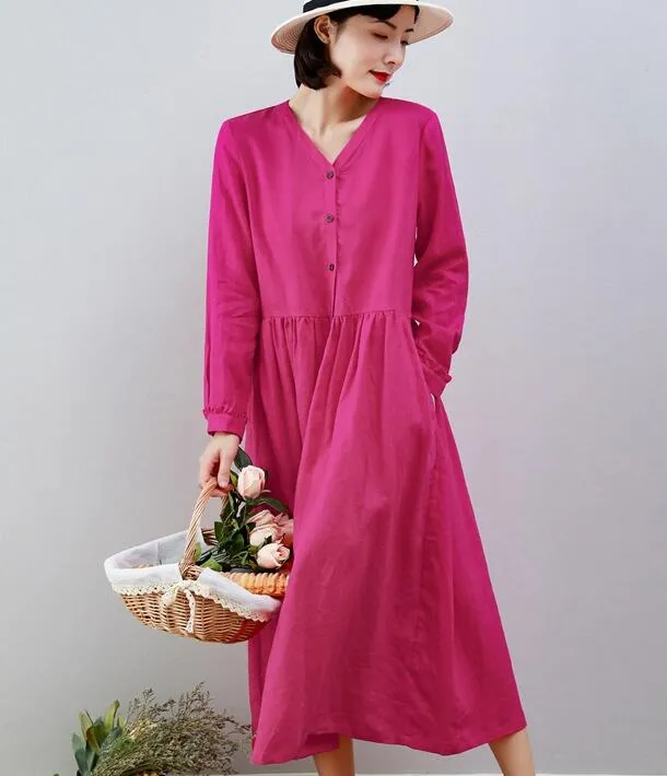 V Neck Women Dresses Ramie Casual Spring Linen Women Dresses MN97215