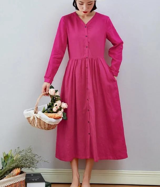 V Neck Women Dresses Ramie Casual Spring Linen Women Dresses MN97215