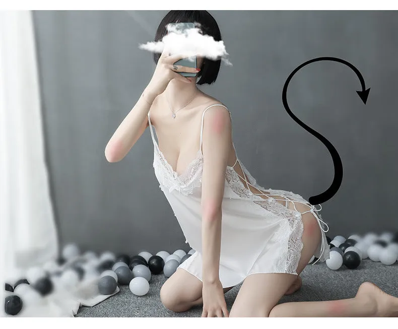 VenusFox Bathrobe Sexy Underwear High-end Satin Lace Pajamas Women Halter Strap Suit Nightdress Home Service Sexy Lingerie