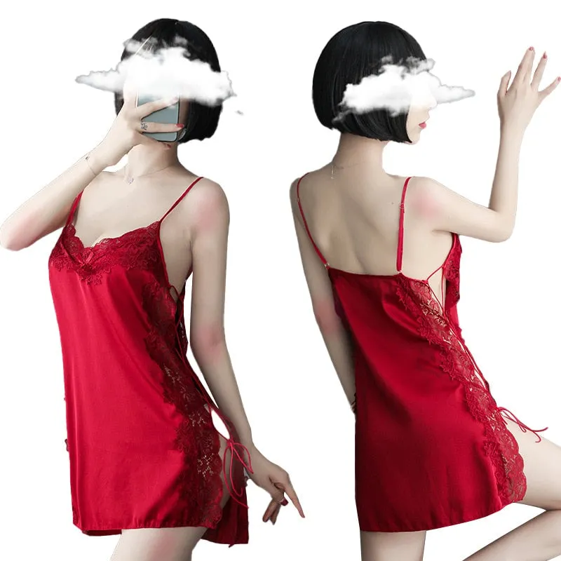 VenusFox Bathrobe Sexy Underwear High-end Satin Lace Pajamas Women Halter Strap Suit Nightdress Home Service Sexy Lingerie