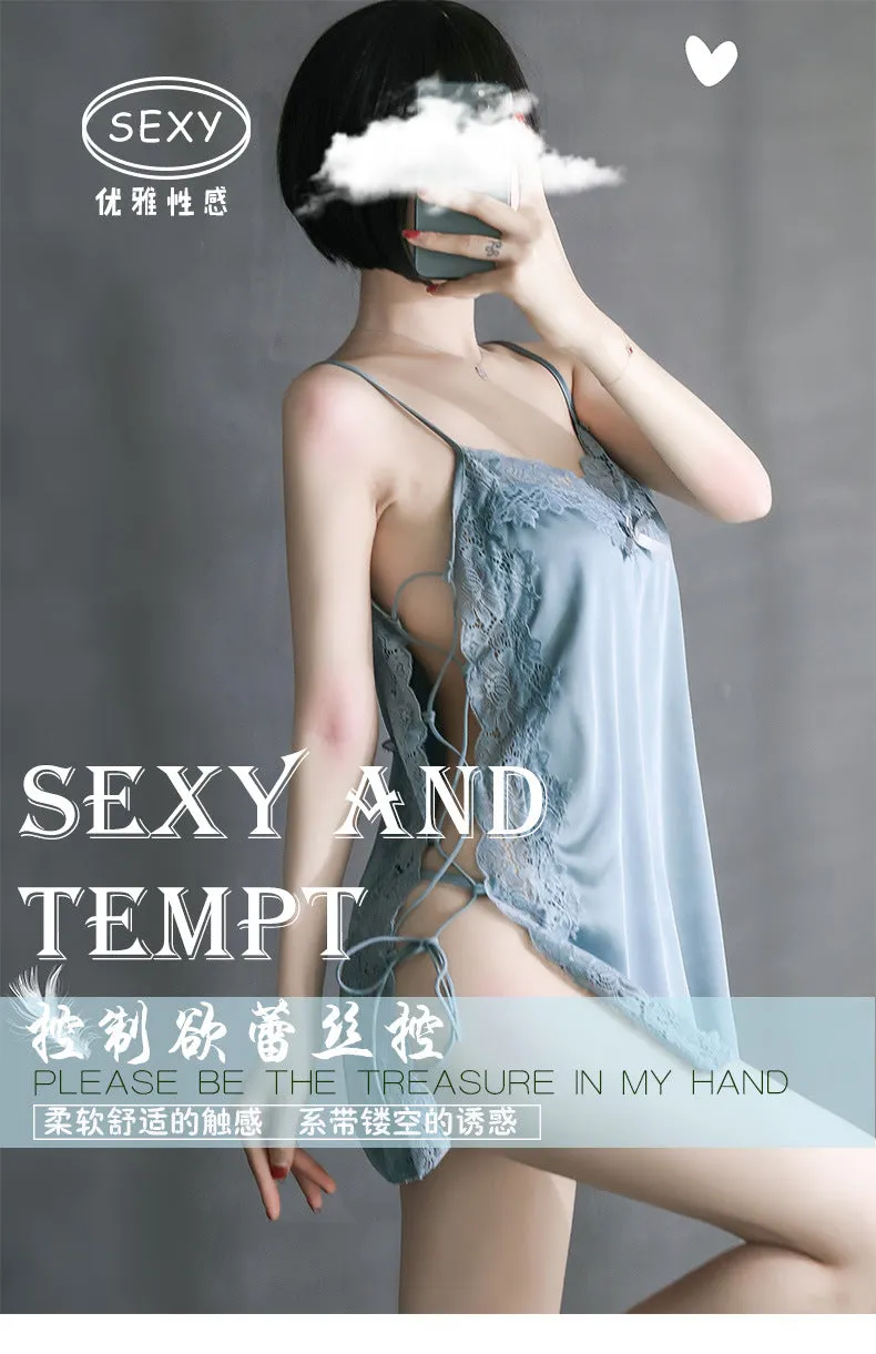 VenusFox Bathrobe Sexy Underwear High-end Satin Lace Pajamas Women Halter Strap Suit Nightdress Home Service Sexy Lingerie
