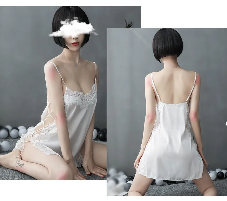VenusFox Bathrobe Sexy Underwear High-end Satin Lace Pajamas Women Halter Strap Suit Nightdress Home Service Sexy Lingerie