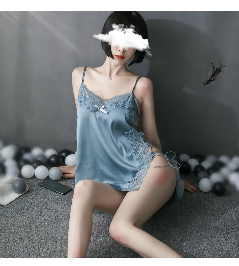 VenusFox Bathrobe Sexy Underwear High-end Satin Lace Pajamas Women Halter Strap Suit Nightdress Home Service Sexy Lingerie