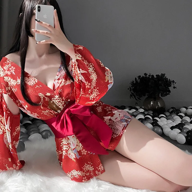 VenusFox new ladies summer new sexy lingerie Japanese-style print bow bunny rabbit kimono game uniform temptation sexy clothing
