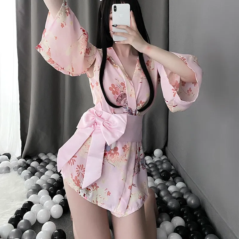 VenusFox new ladies summer new sexy lingerie Japanese-style print bow bunny rabbit kimono game uniform temptation sexy clothing