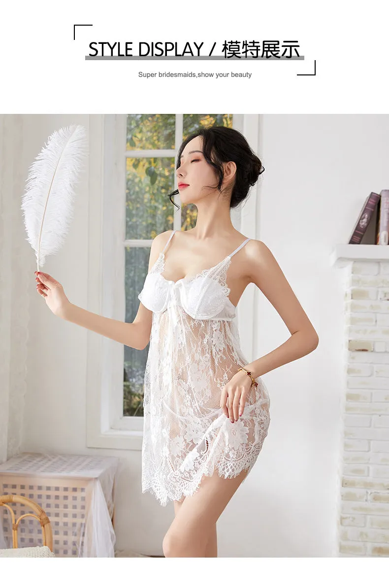 VenusFox Sexy Lingerie Temptation Suit Sexy V-neck Chest Pad Gathered Pajamas Women Transparent Lace Suspender Nightdress