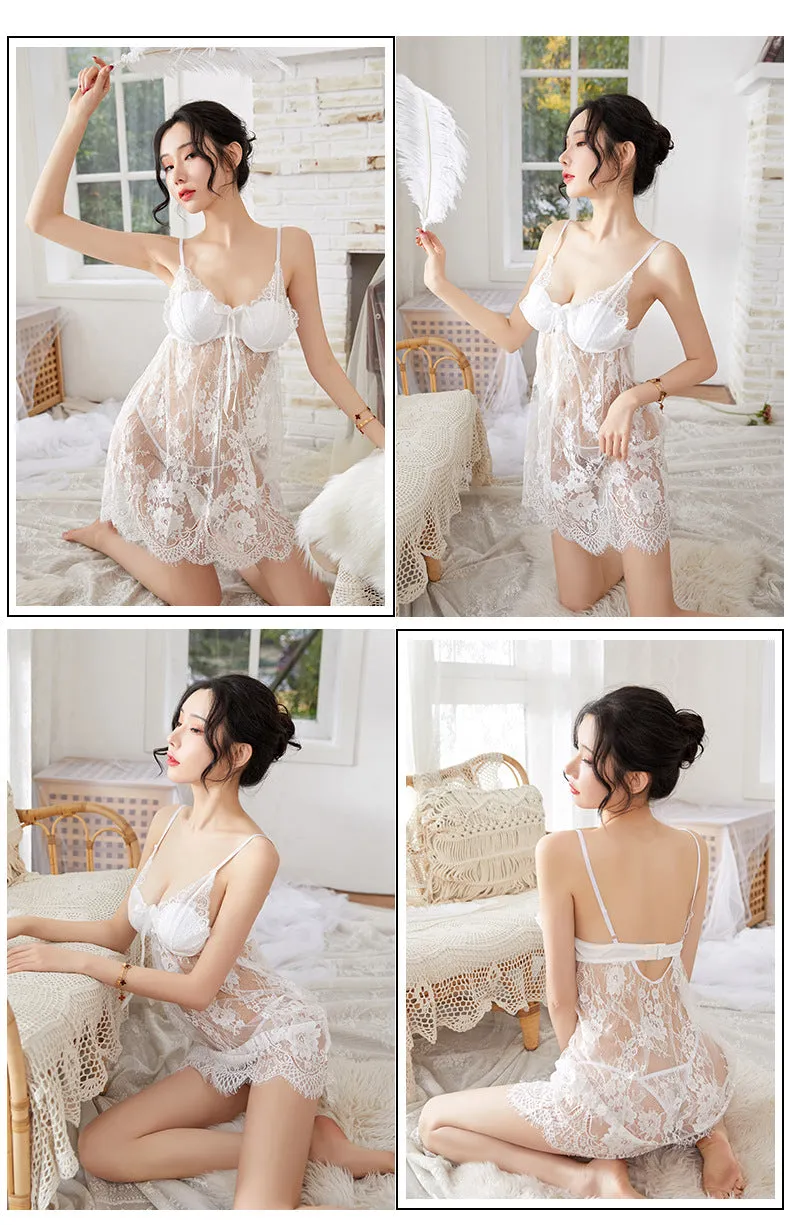 VenusFox Sexy Lingerie Temptation Suit Sexy V-neck Chest Pad Gathered Pajamas Women Transparent Lace Suspender Nightdress