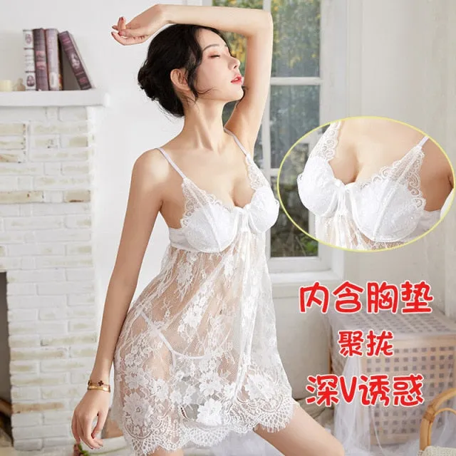 VenusFox Sexy Lingerie Temptation Suit Sexy V-neck Chest Pad Gathered Pajamas Women Transparent Lace Suspender Nightdress