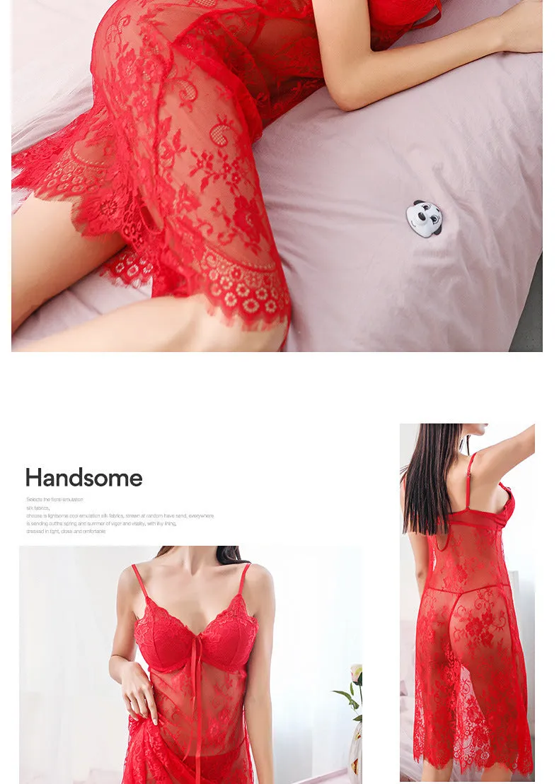 VenusFox Steel Ring Gathered Chest Pad Sexy Lingerie Lace Perspective Sexy Pajamas Night Skirt Temptation Sexy Lingerie