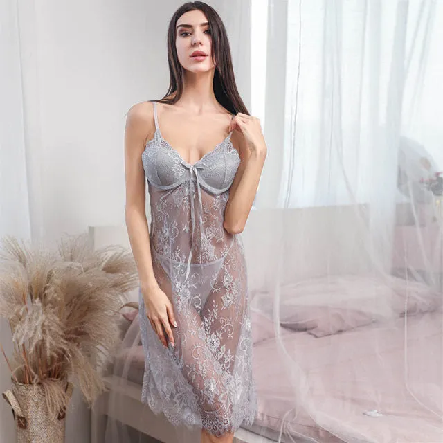 VenusFox Steel Ring Gathered Chest Pad Sexy Lingerie Lace Perspective Sexy Pajamas Night Skirt Temptation Sexy Lingerie