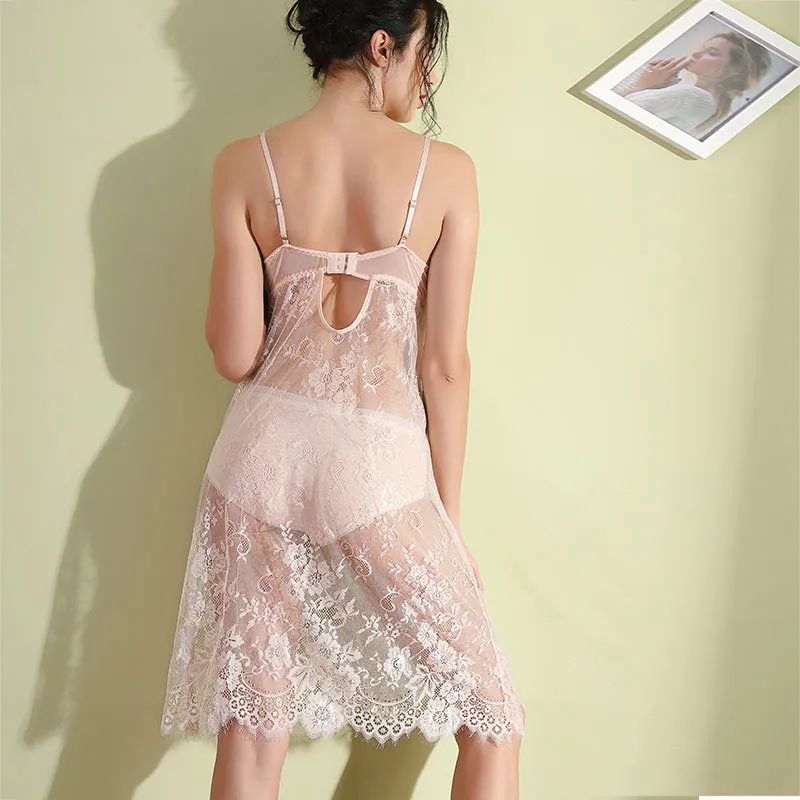 VenusFox Steel Ring Gathered Chest Pad Sexy Lingerie Lace Perspective Sexy Pajamas Night Skirt Temptation Sexy Lingerie