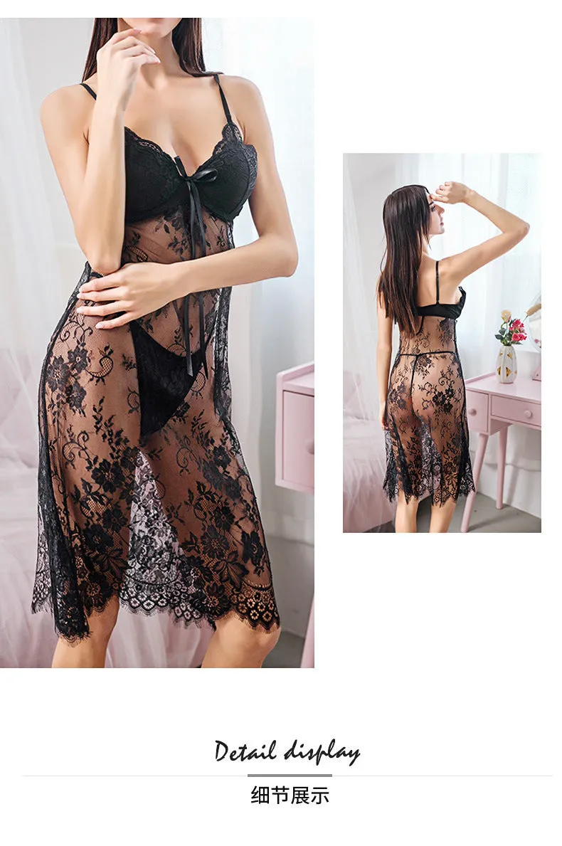 VenusFox Steel Ring Gathered Chest Pad Sexy Lingerie Lace Perspective Sexy Pajamas Night Skirt Temptation Sexy Lingerie
