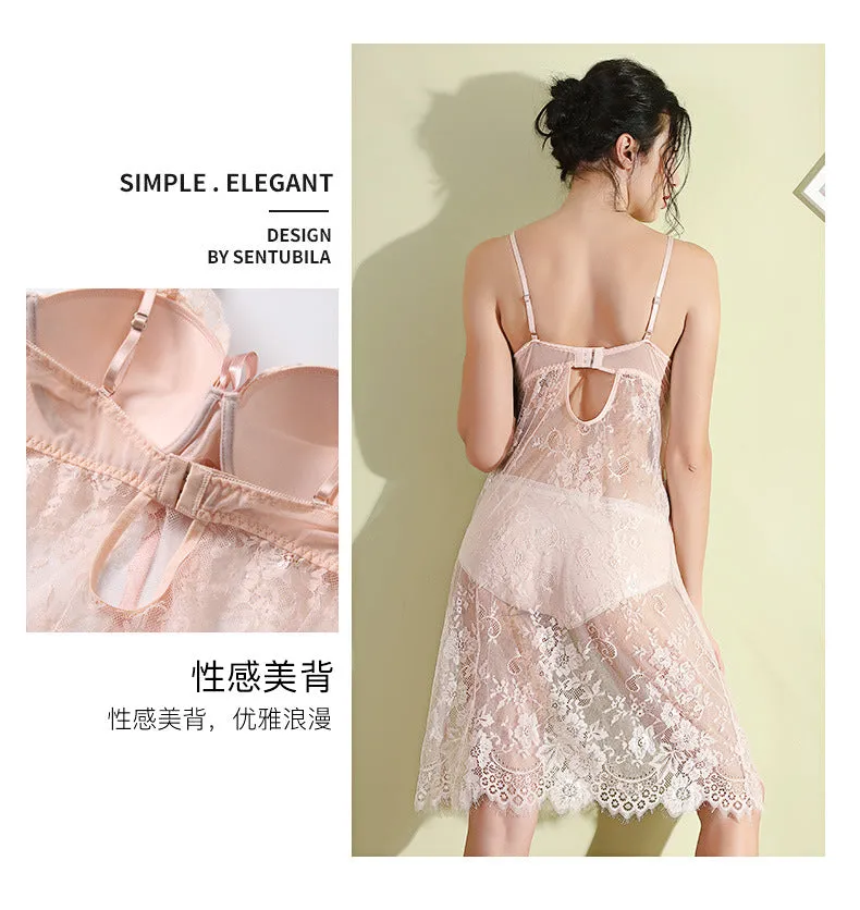 VenusFox Steel Ring Gathered Chest Pad Sexy Lingerie Lace Perspective Sexy Pajamas Night Skirt Temptation Sexy Lingerie