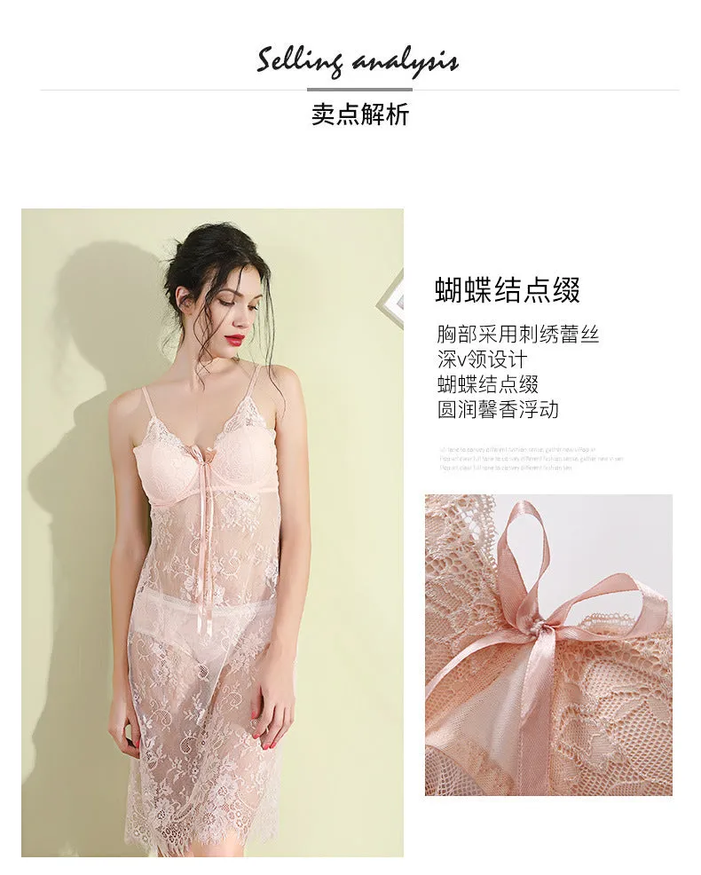 VenusFox Steel Ring Gathered Chest Pad Sexy Lingerie Lace Perspective Sexy Pajamas Night Skirt Temptation Sexy Lingerie