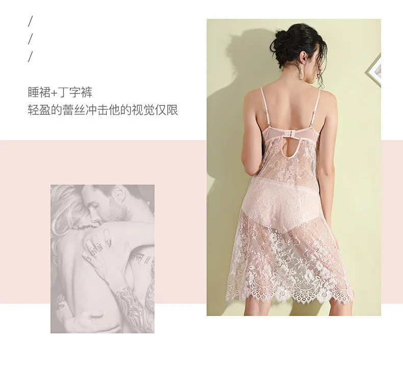 VenusFox Steel Ring Gathered Chest Pad Sexy Lingerie Lace Perspective Sexy Pajamas Night Skirt Temptation Sexy Lingerie