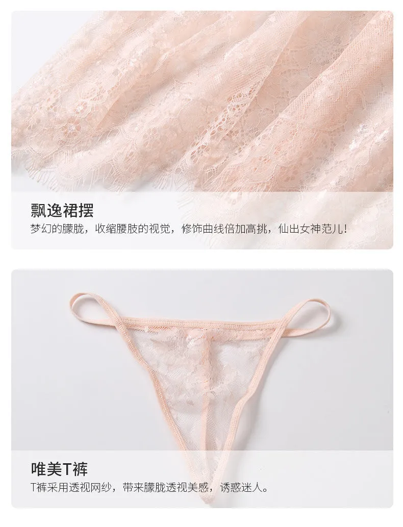 VenusFox Steel Ring Gathered Chest Pad Sexy Lingerie Lace Perspective Sexy Pajamas Night Skirt Temptation Sexy Lingerie