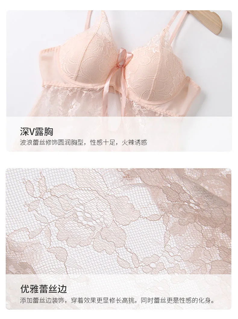 VenusFox Steel Ring Gathered Chest Pad Sexy Lingerie Lace Perspective Sexy Pajamas Night Skirt Temptation Sexy Lingerie