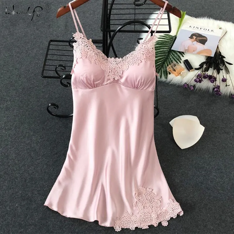 VenusFox Women Silk Sleepshirts Lace Babydoll Lingerie Satin Chemise Nightgown V Neck Sleepwear Nighty Nightgown wWith Chest Pad Homewear