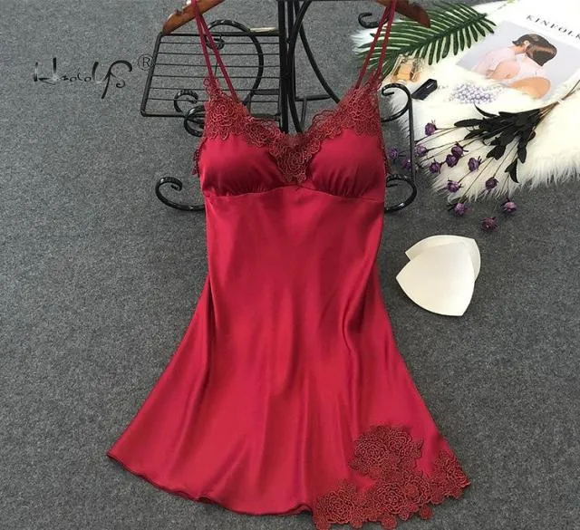 VenusFox Women Silk Sleepshirts Lace Babydoll Lingerie Satin Chemise Nightgown V Neck Sleepwear Nighty Nightgown wWith Chest Pad Homewear