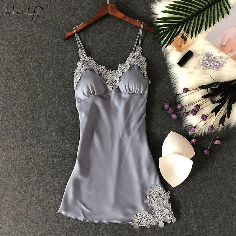 VenusFox Women Silk Sleepshirts Lace Babydoll Lingerie Satin Chemise Nightgown V Neck Sleepwear Nighty Nightgown wWith Chest Pad Homewear