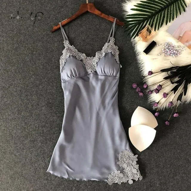 VenusFox Women Silk Sleepshirts Lace Babydoll Lingerie Satin Chemise Nightgown V Neck Sleepwear Nighty Nightgown wWith Chest Pad Homewear