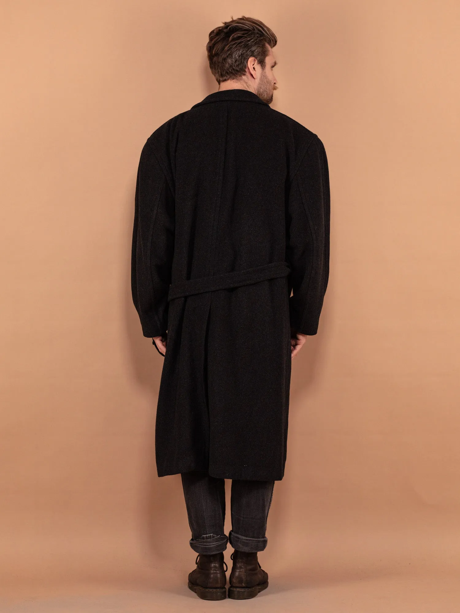 Vintage 00's Men Belted Wool Coat in Dark Grey