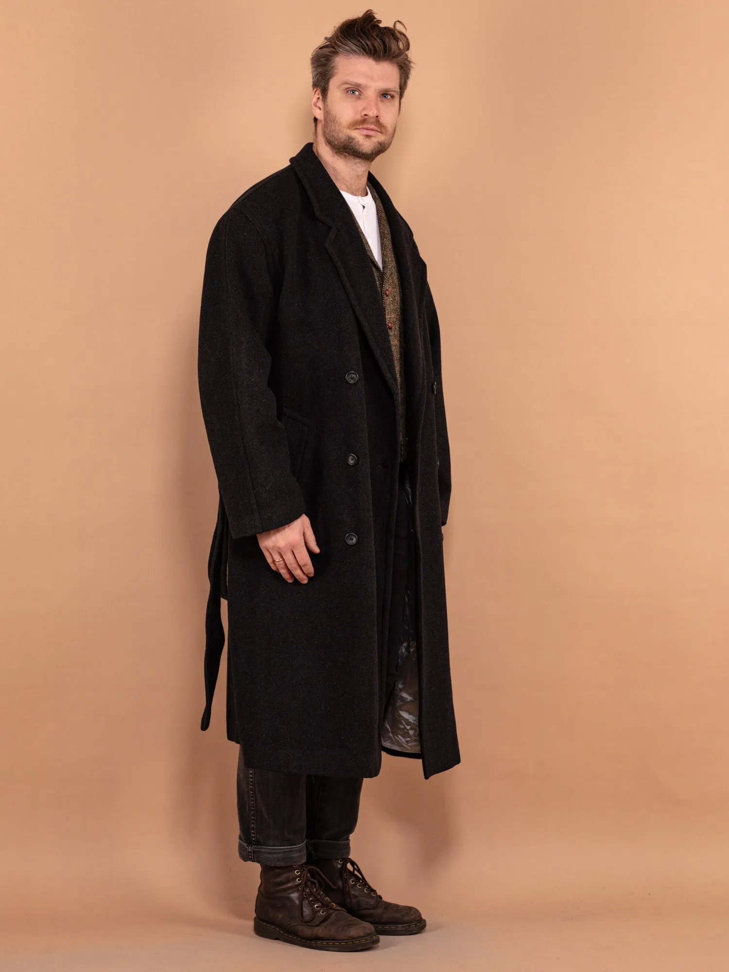 Vintage 00's Men Belted Wool Coat in Dark Grey