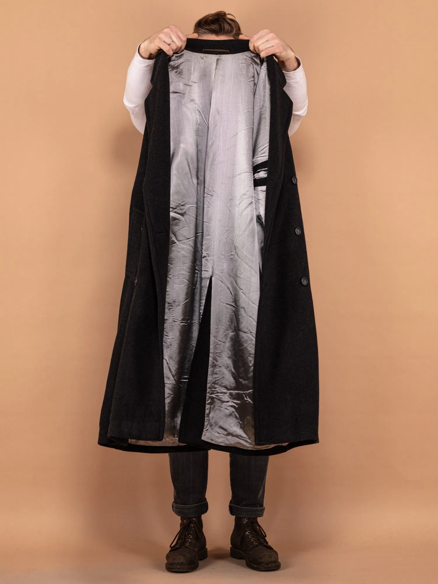 Vintage 00's Men Belted Wool Coat in Dark Grey