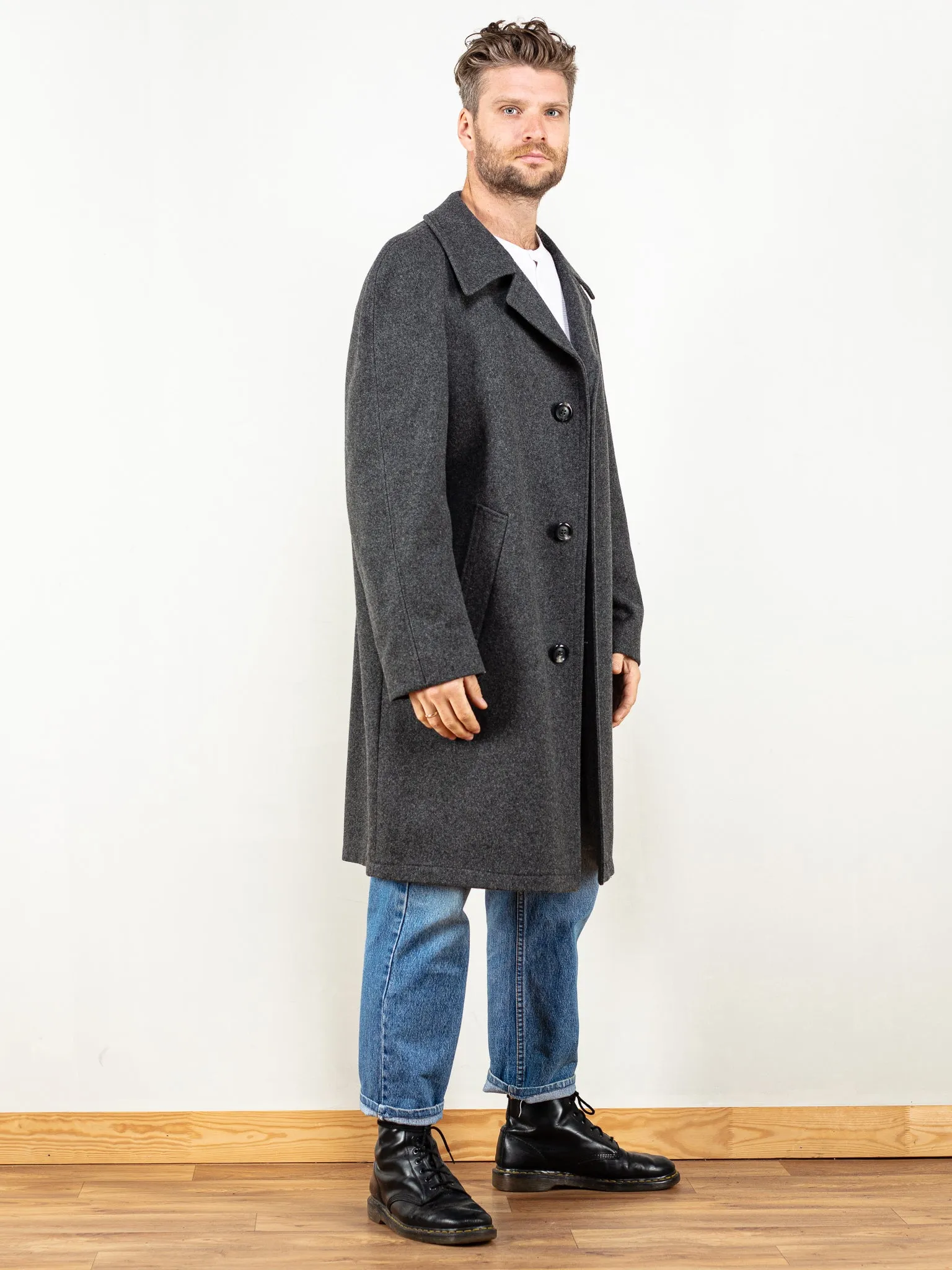 Vintage 70's Men Wool Coat In Grey