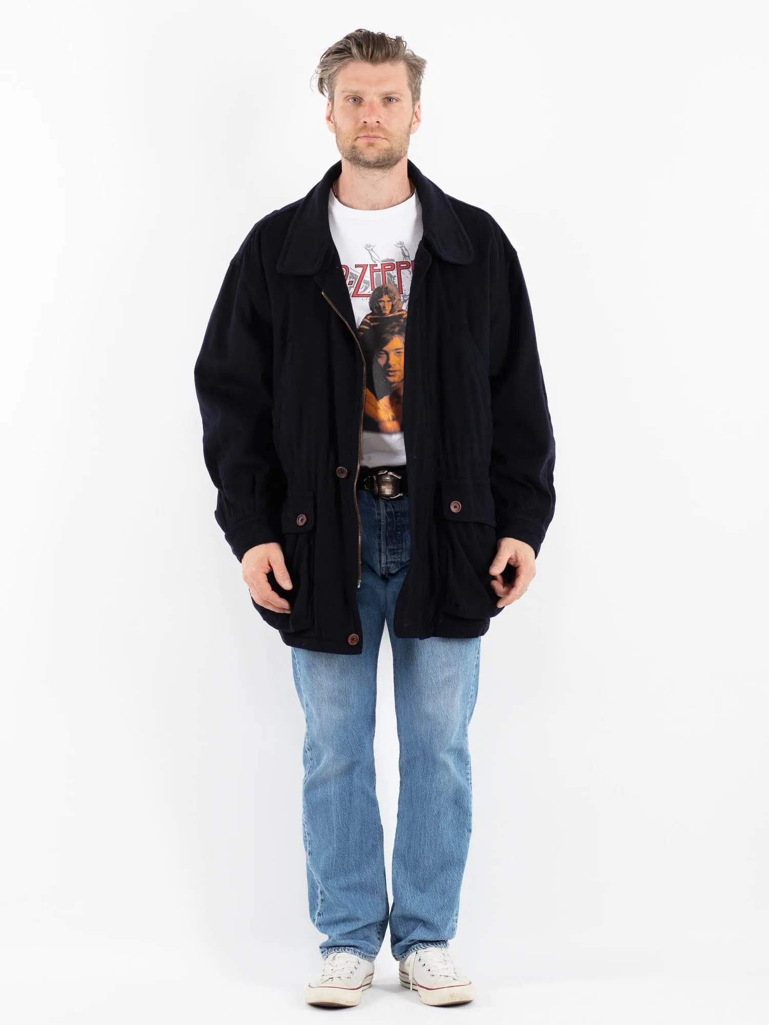 Vintage 80's Men Cashmere Wool Blend Coat in Blue