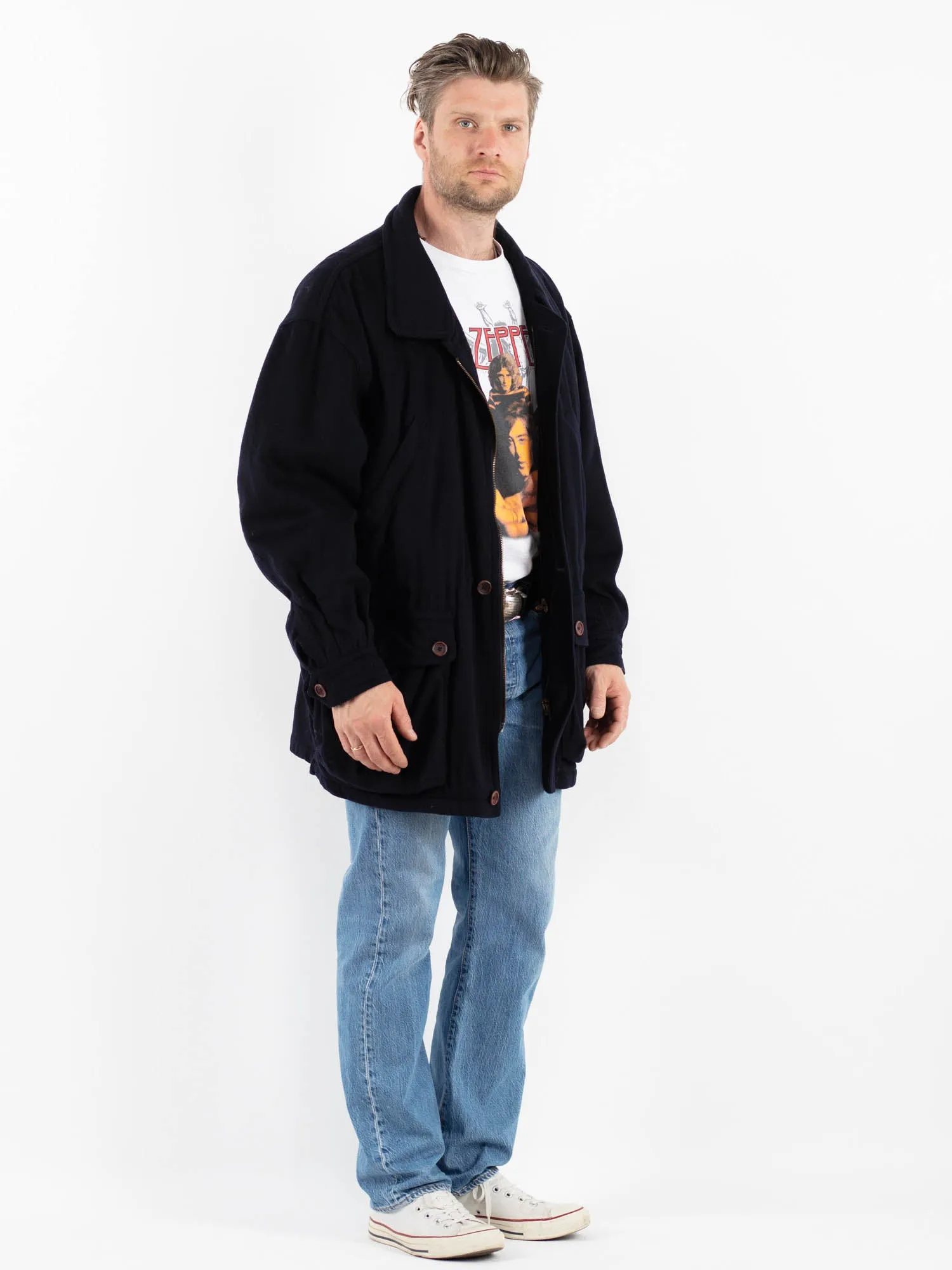 Vintage 80's Men Cashmere Wool Blend Coat in Blue