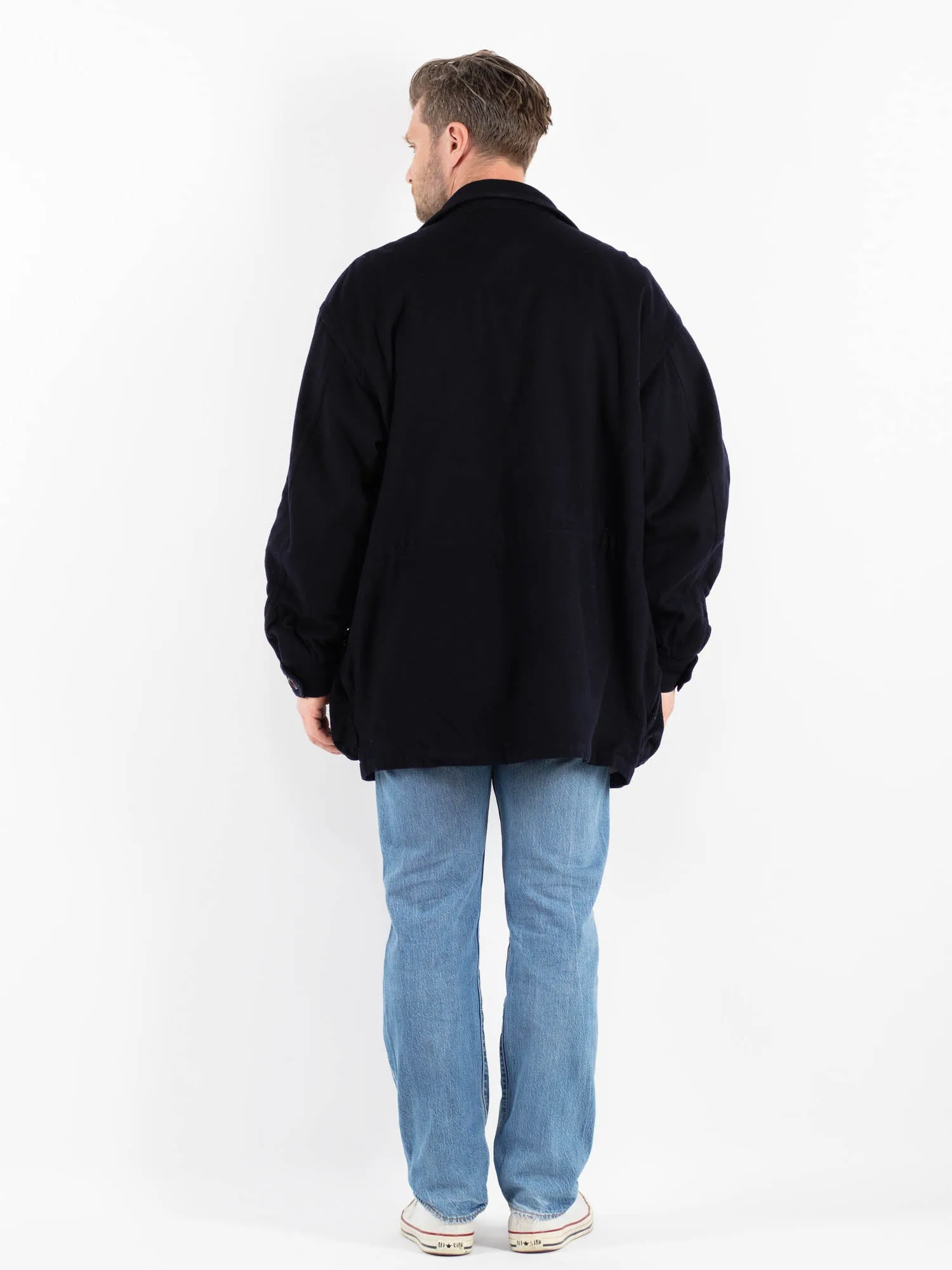 Vintage 80's Men Cashmere Wool Blend Coat in Blue