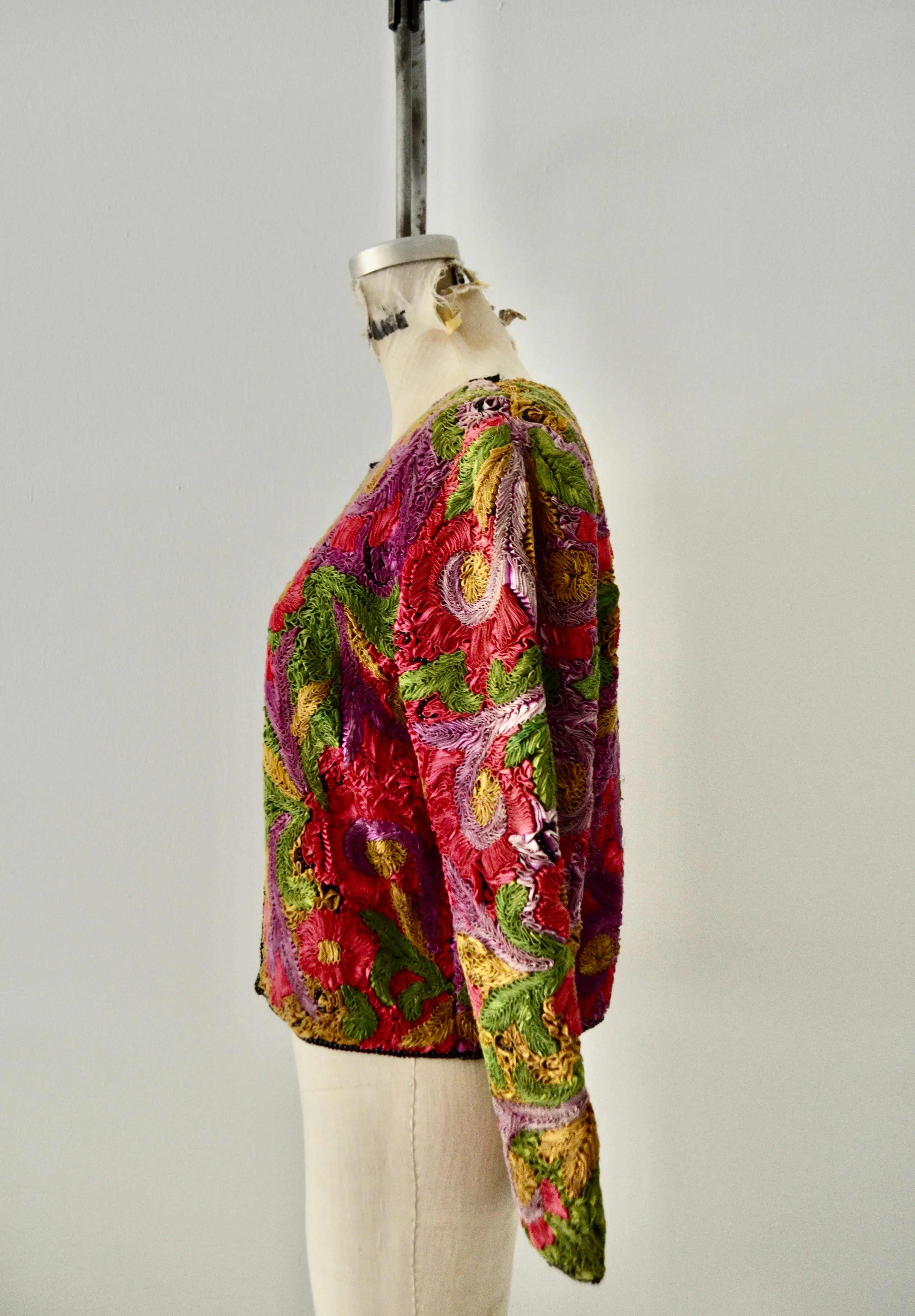 Vintage Cache Exquisite Silk Ribbon Flower Swirl Design Pattern Cropped Jacket