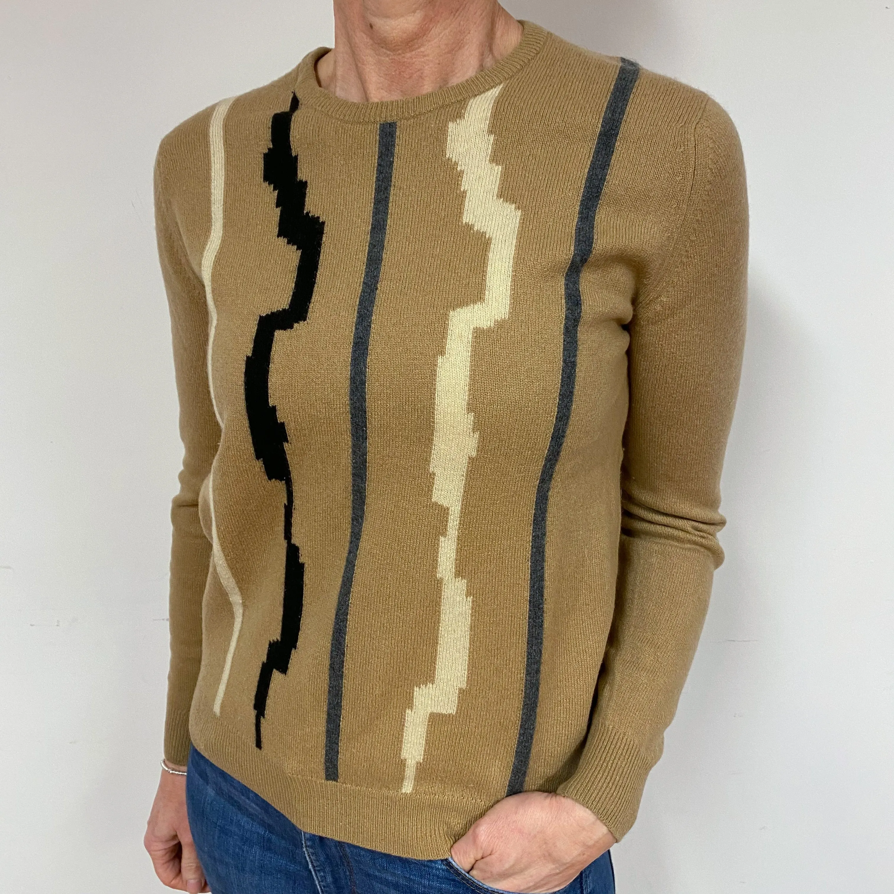 Vintage Caramel Patterned Cashmere Crew Neck Jumper