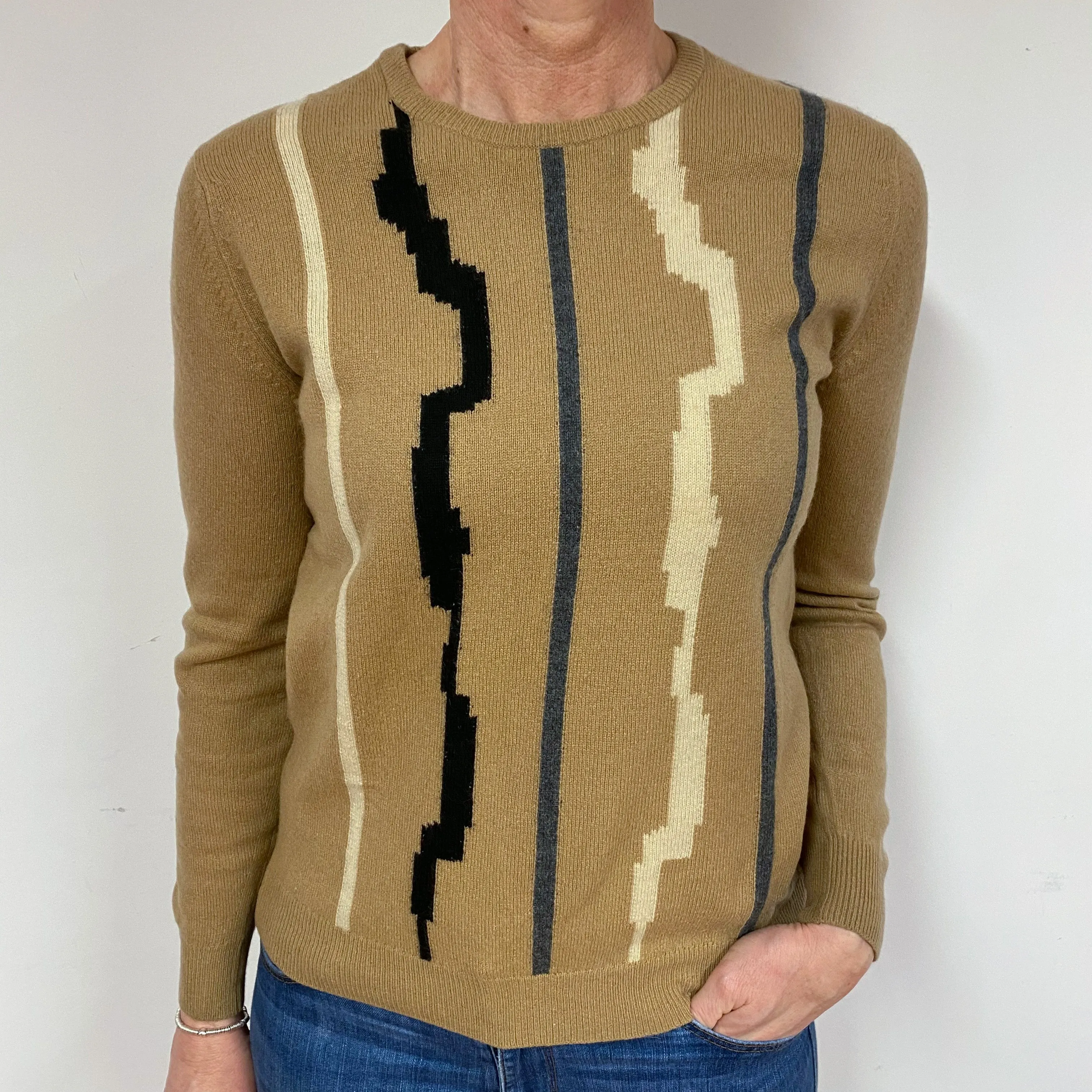 Vintage Caramel Patterned Cashmere Crew Neck Jumper