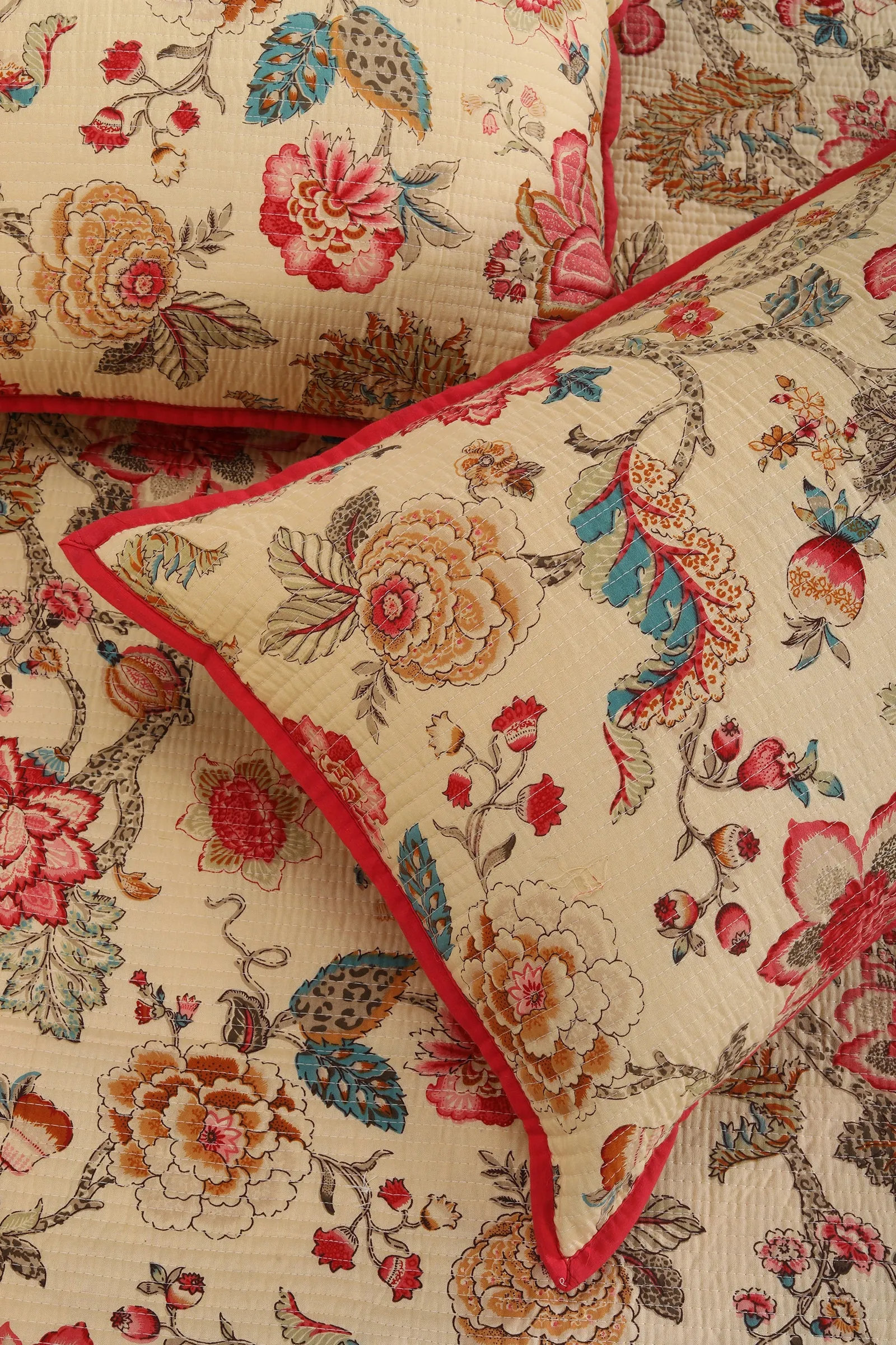 Vintage Chintz Beige Quilted Cotton Bedcover