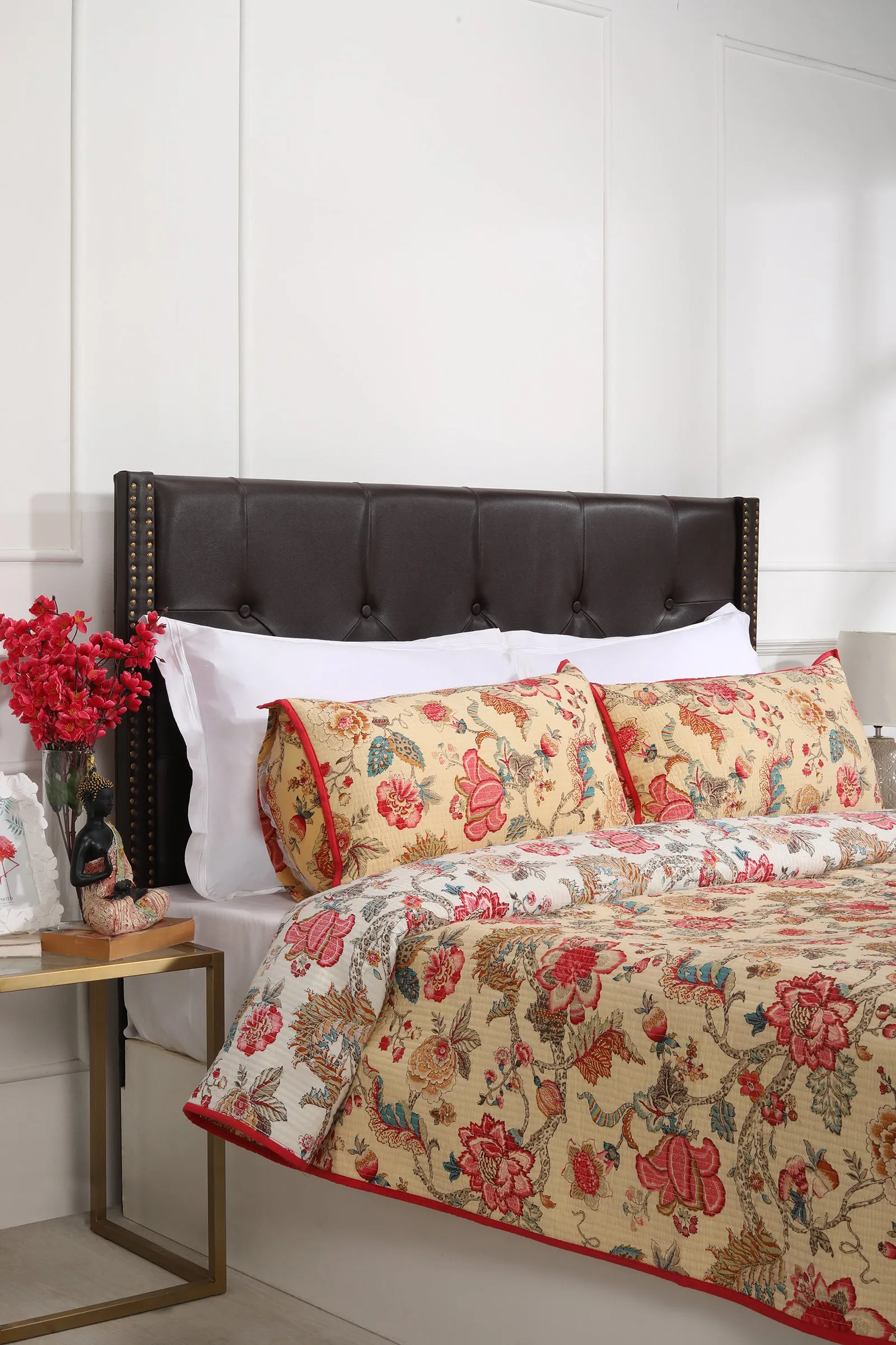 Vintage Chintz Beige Quilted Cotton Bedcover