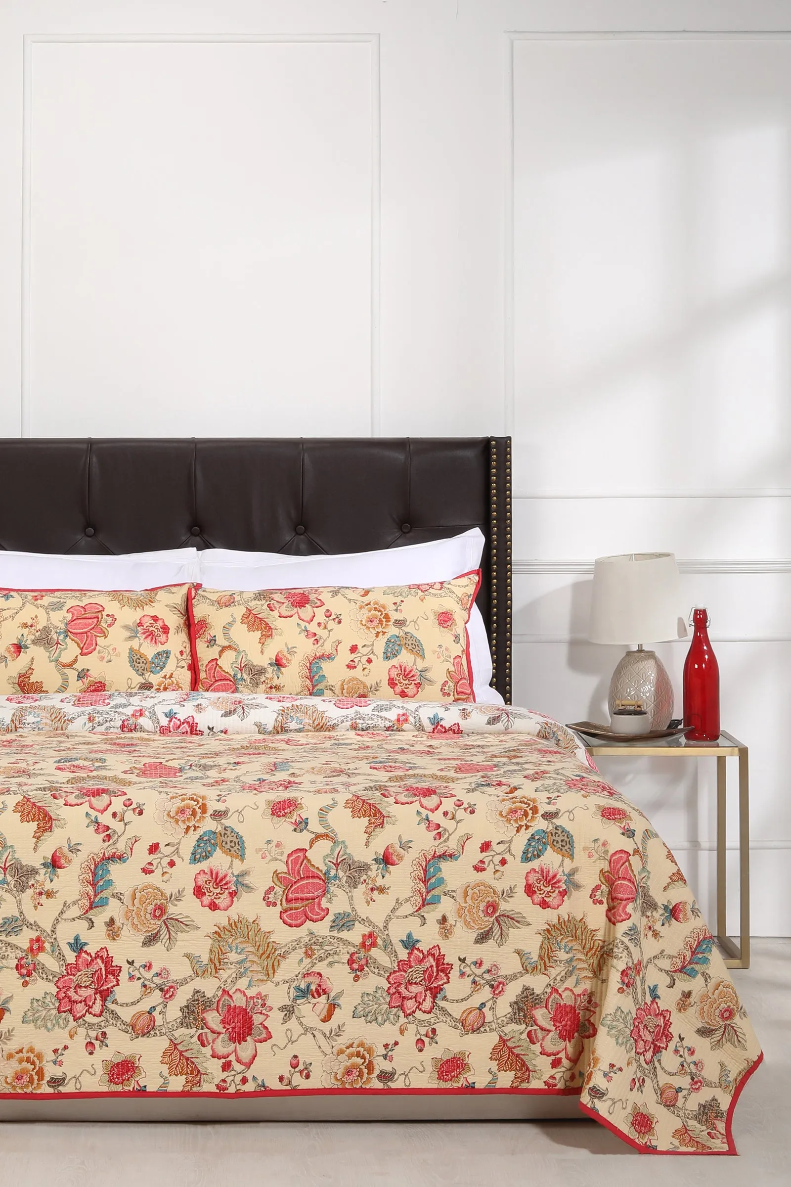 Vintage Chintz Beige Quilted Cotton Bedcover