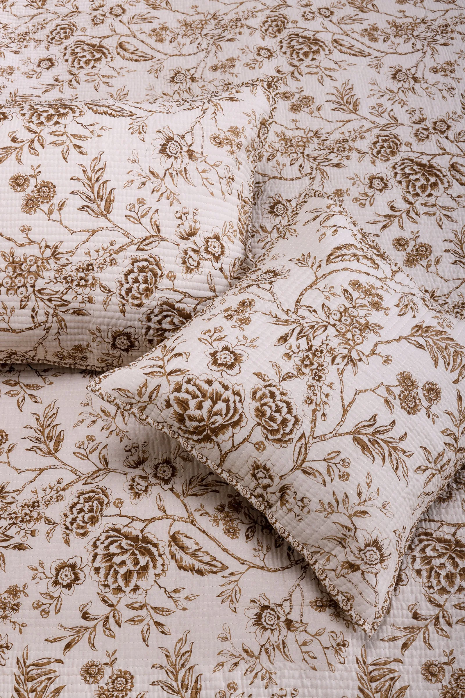 Vintage Damask Brown Cotton Quilted Bedcover