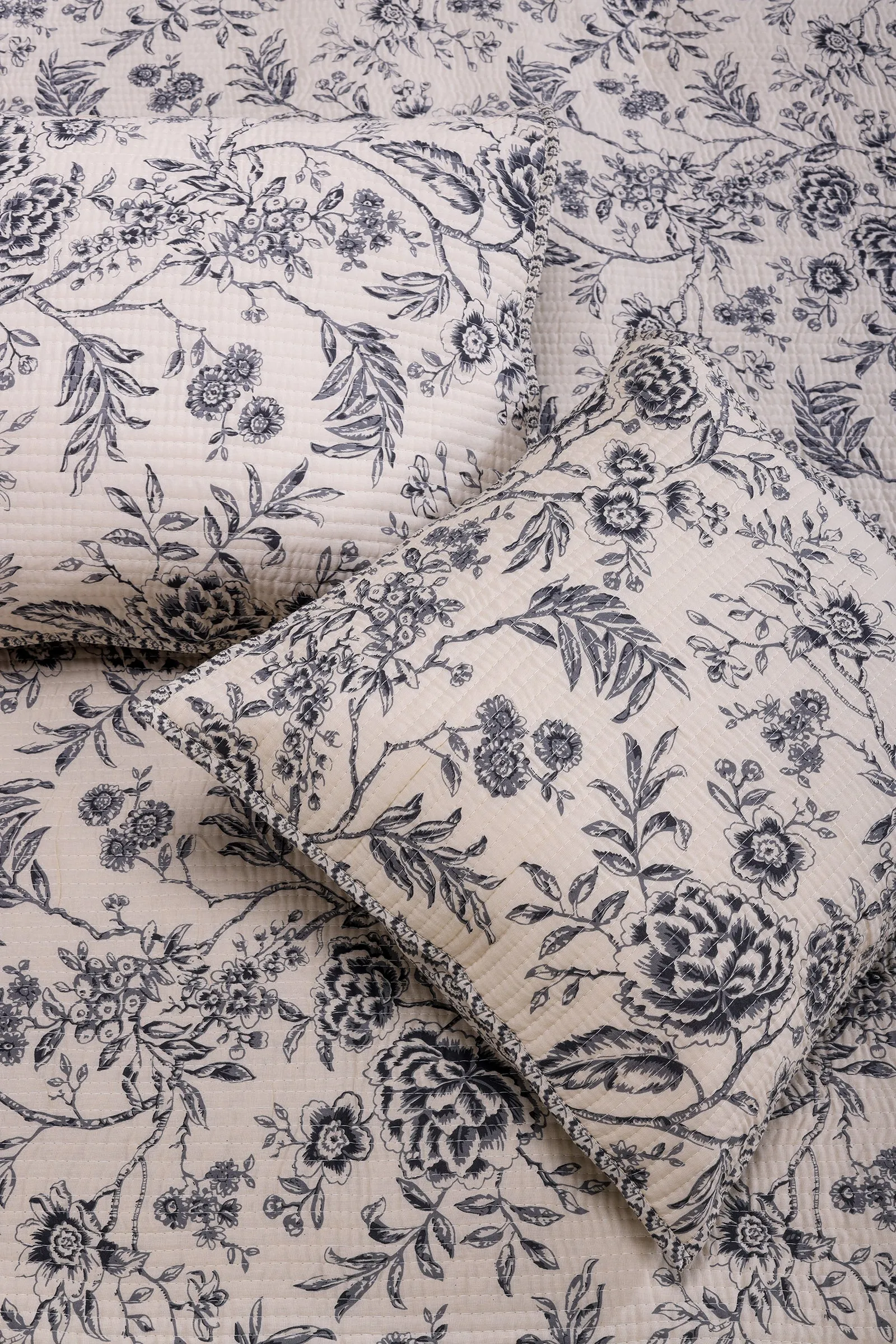 Vintage Damask Grey Cotton Quilted Bedcover Set of 5