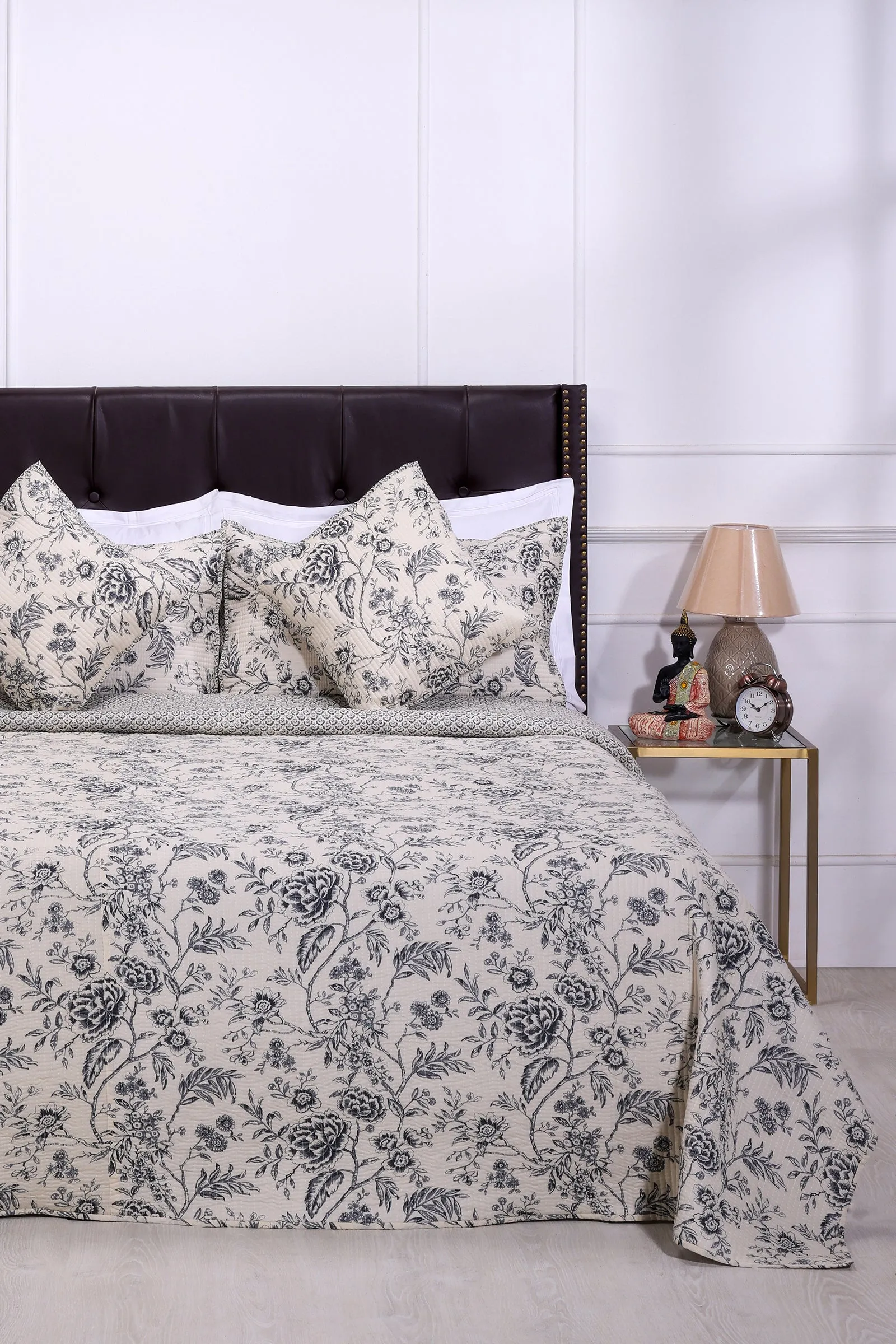 Vintage Damask Grey Cotton Quilted Bedcover Set of 5