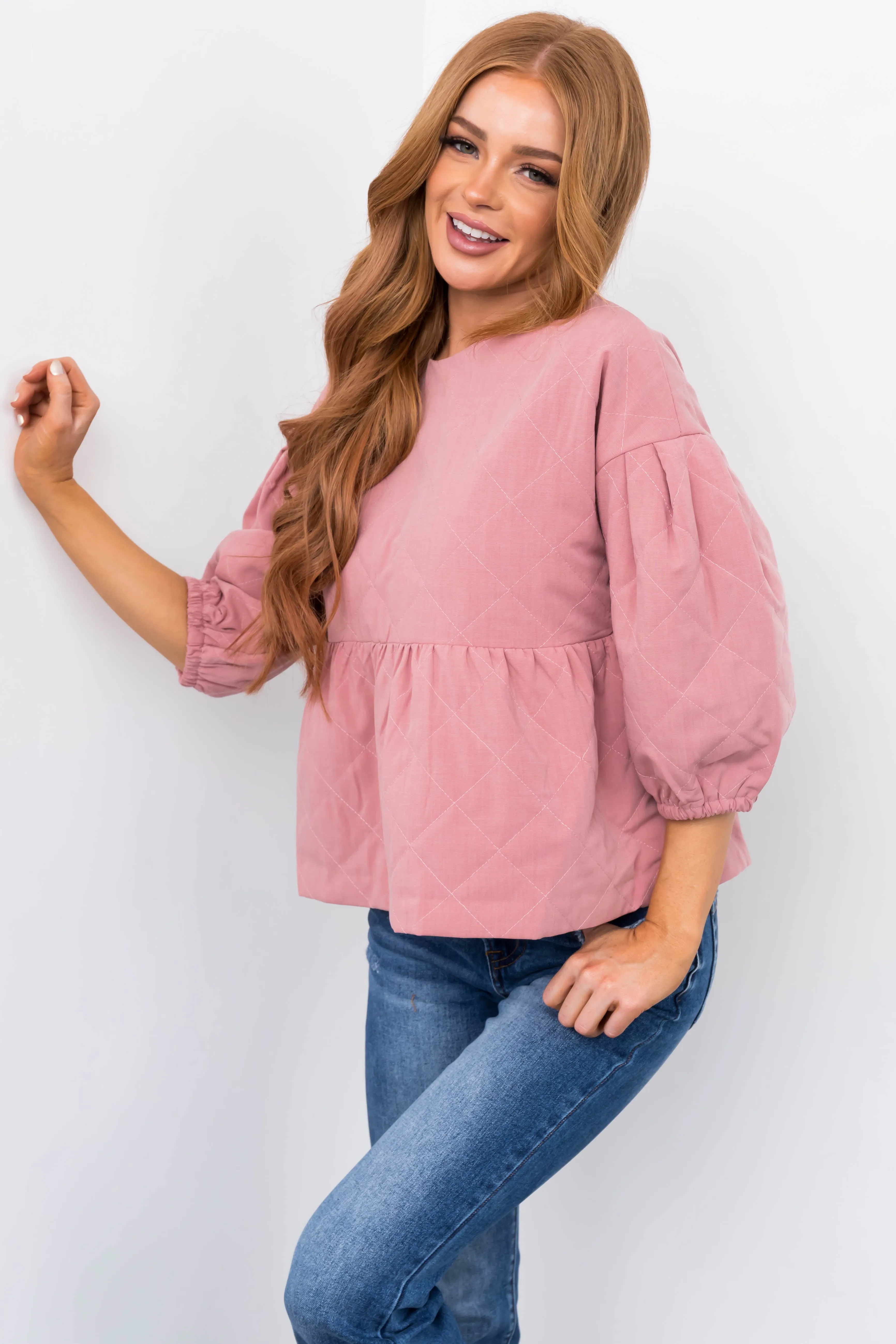 Vintage Pink Quilted Babydoll Bubble Sleeve Top