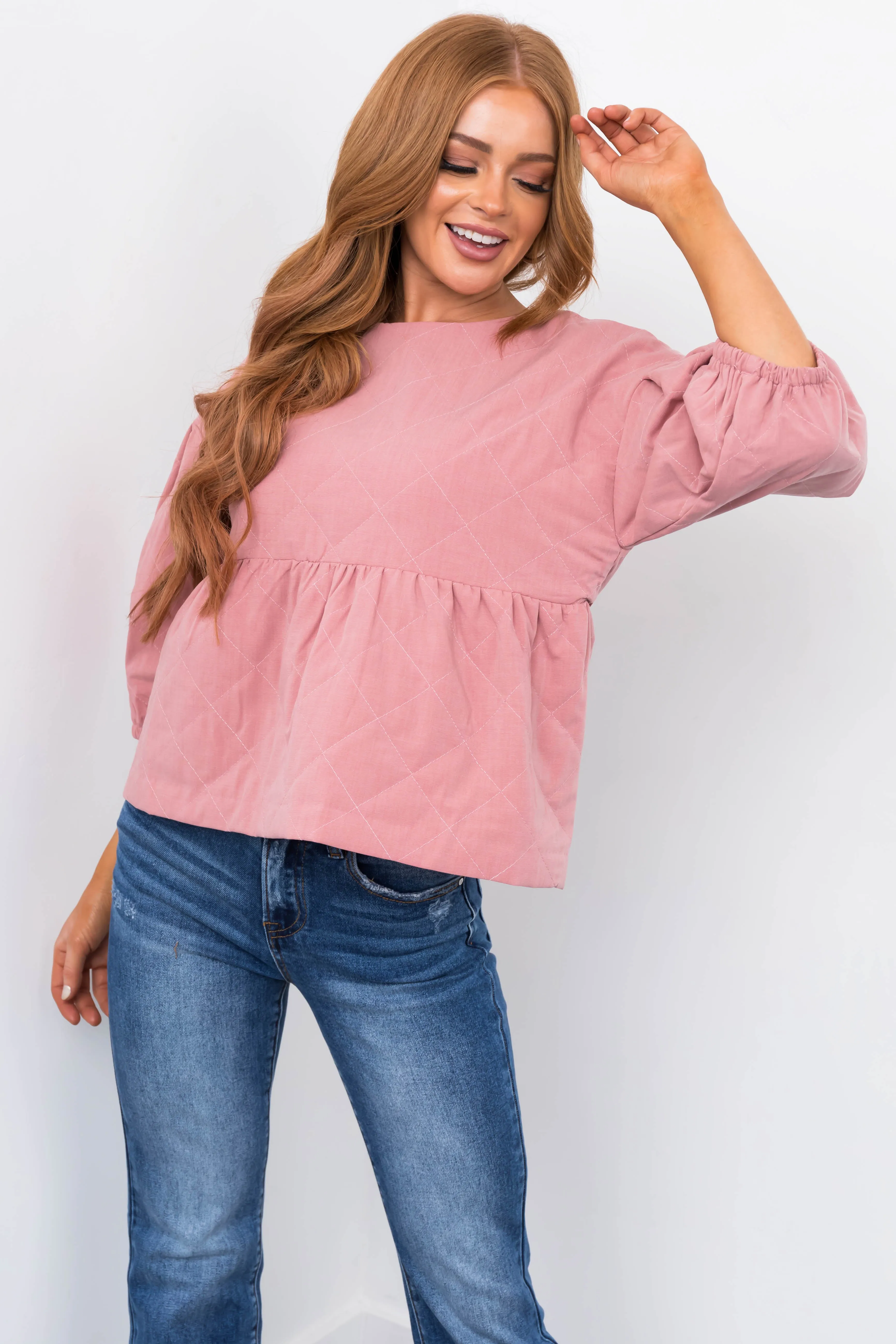 Vintage Pink Quilted Babydoll Bubble Sleeve Top