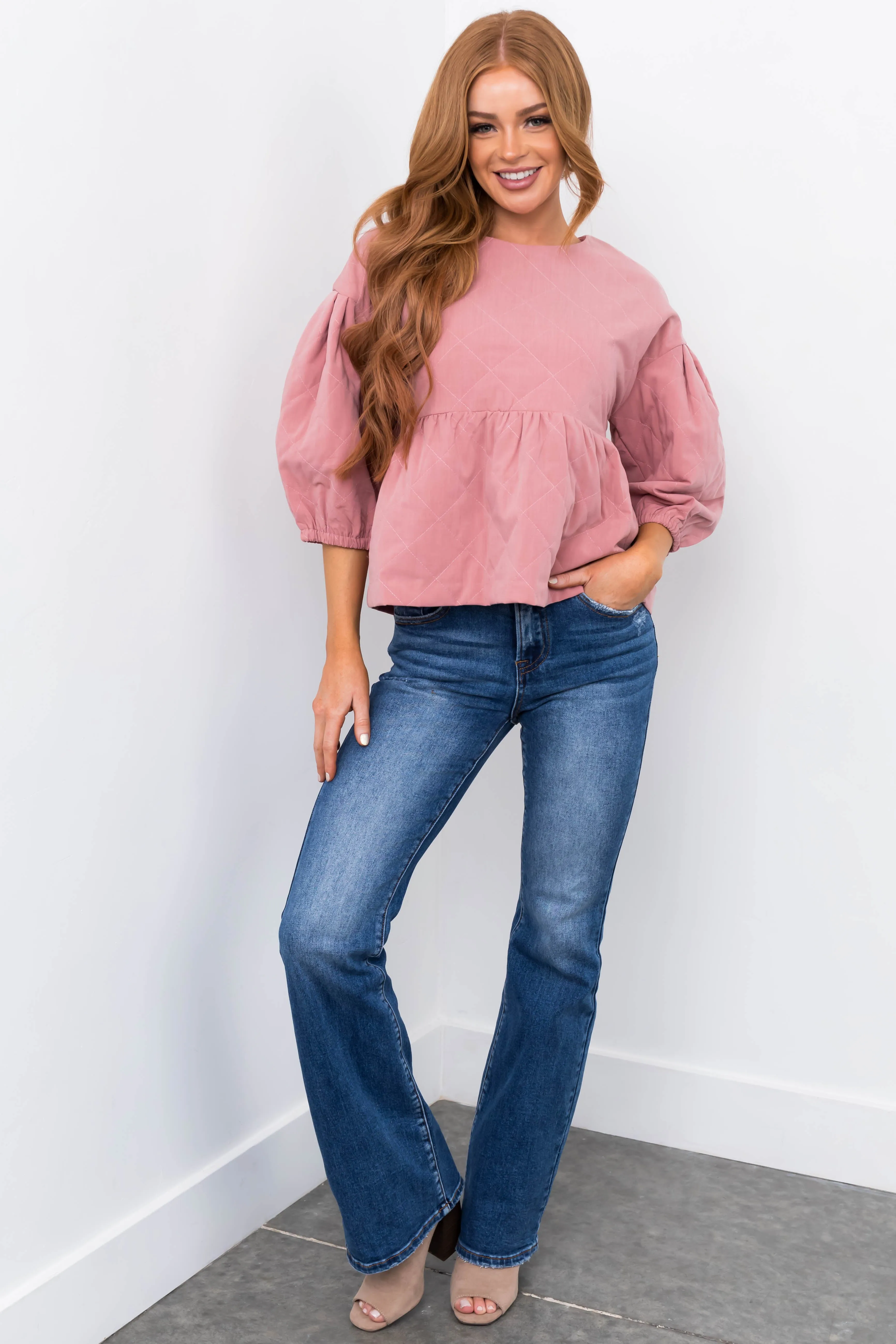 Vintage Pink Quilted Babydoll Bubble Sleeve Top