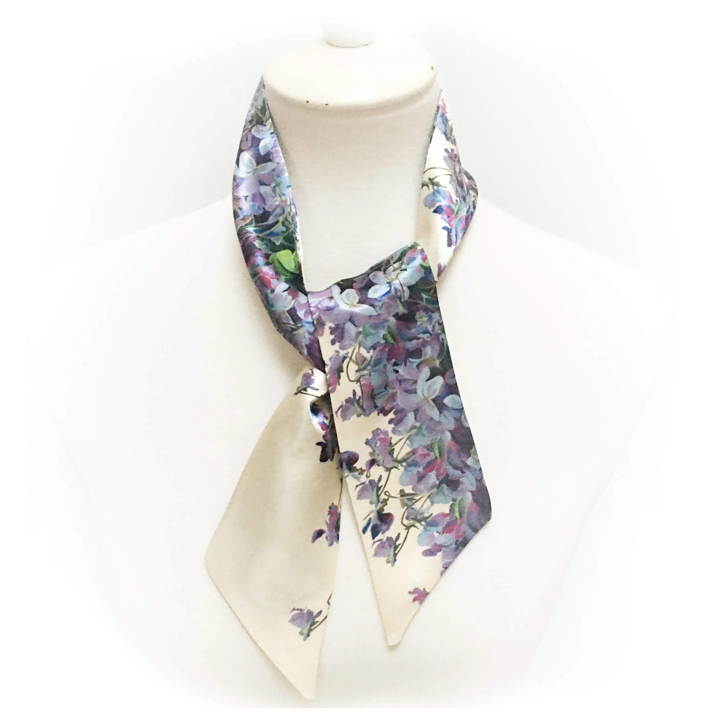 Violets Short Satin Skinny Scarf,Womans Scarf,floral scarf,ladies scarf,hair tie, hangbag tie scarf, violets scarf